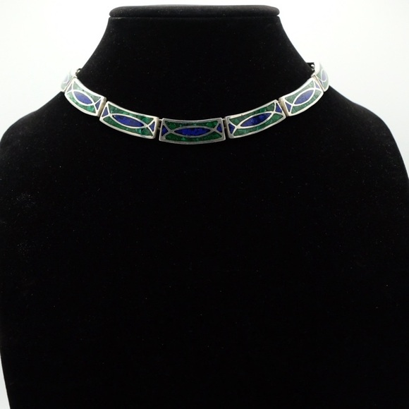 Vintage .925 Sterling Silver Choker Inlay necklace Lazuli Lapis & Malachite 90s - Picture 3 of 16